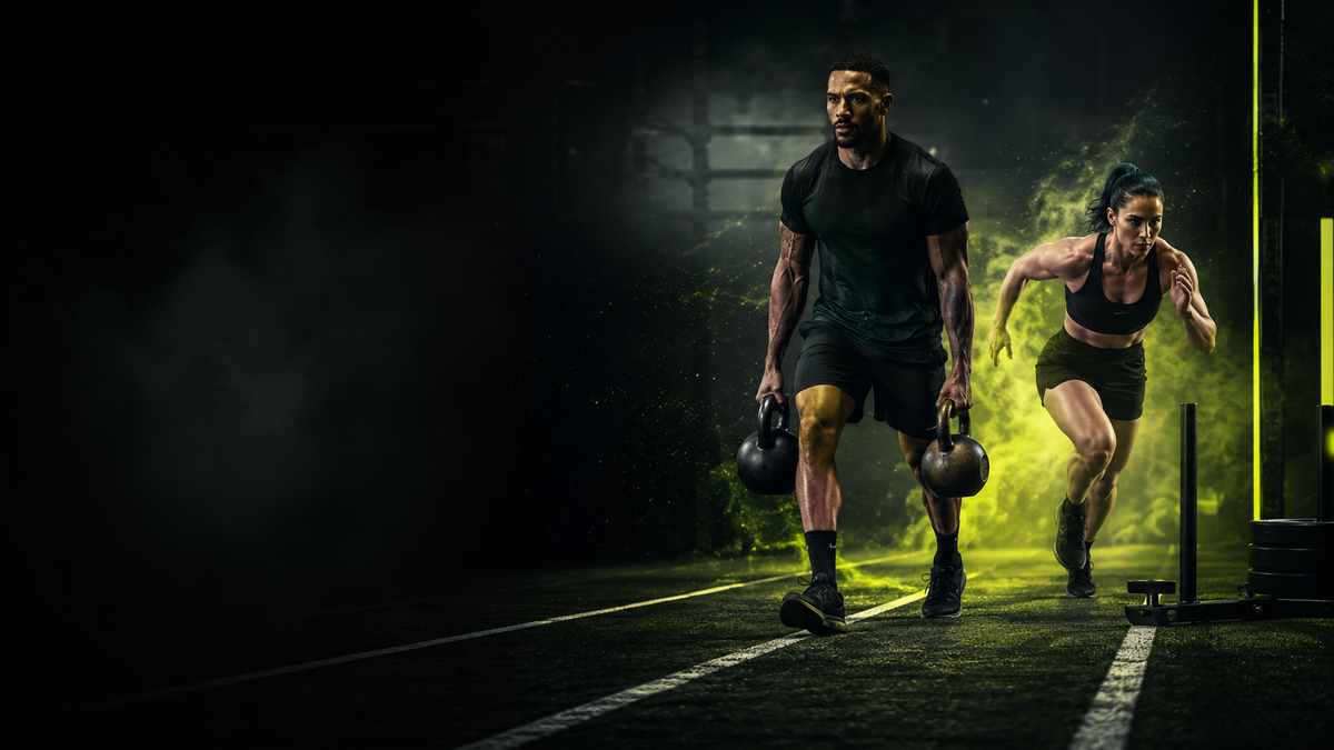 IronHybrid athletes performing a farmer's carry and sprint training